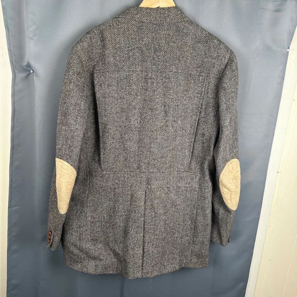 Vintage Pendleton Mens Grey Herringbone Wool Blazer Suede Elbow Patches 48 Long